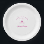 Cheers to 90 Years Pink 90th Birthday Custom Paper Plate<br><div class="desc">Festive pink doodle design features two hands toasting with wine glasses. All of the text is editable.</div>