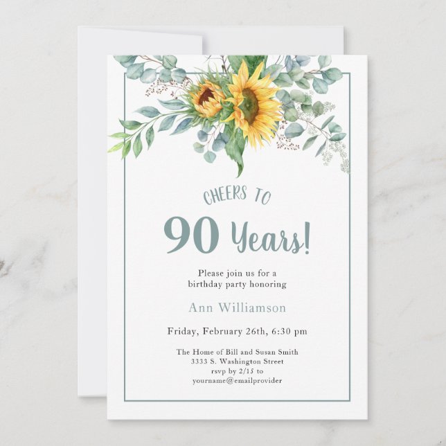 Cheers to 90 Years Sunflower Birthday Invitation (Front)
