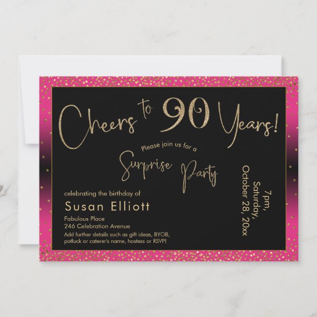 Cheers to 90 Years Surprise Birthday, Deep Pink Invitation (Front)