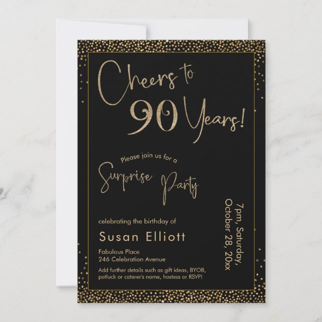 Cheers to 90 Years Surprise Birthday Gold & Black Invitation (Front)