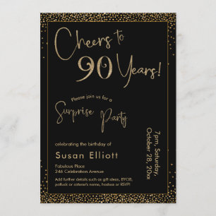 Cheers to 90 Years Surprise Birthday Gold & Black Invitation