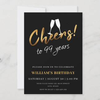 Cheers to 99 Years Gold Black Adult Birthday Photo Invitation