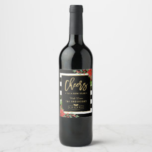 Cheers To A New Year Floral Gold Happy Holiday Wine Label