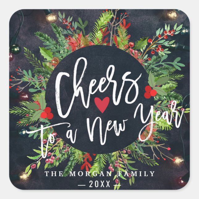 Cheers to a New Year Script Holly Wreath Greeting Square Sticker (Front)