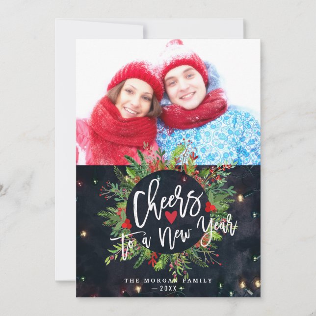 Cheers to a New Year Script Wreath Greeting Photo Holiday Card (Front)