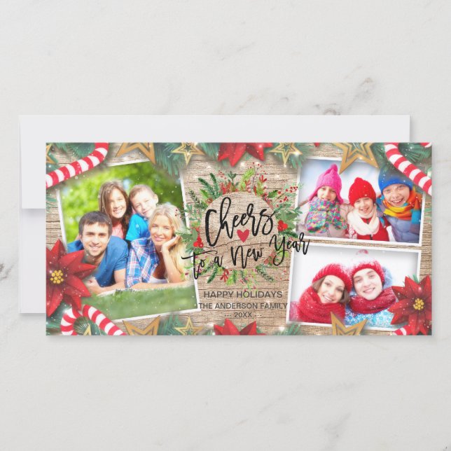 Cheers to a New Year Script Wreath Greeting Photo Holiday Card (Front)