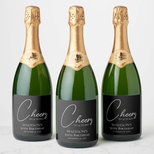 Cheers To Any Age 30th Black & White Birthday Sparkling Wine Label (Bottles)