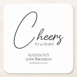 Cheers To Any Age 30th Black & White Birthday Square Paper Coaster