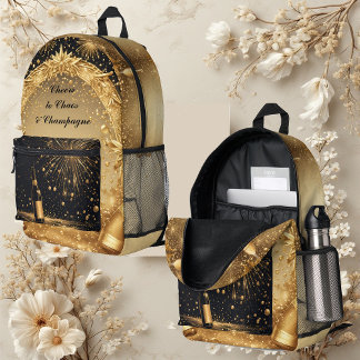 Cheers to Chaos & Champagne Midnight Gold New Year Printed Backpack