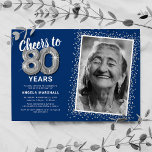 Cheers to Eighty Years 80th Birthday Photo Invitation<br><div class="desc">Elegant eightieth birthday party invitation featuring a stylish blue background that can be changed to any colour,  a photo of the birthday girl / boy,  silver sparkly glitter,  eighty silver hellium balloons,  and a modern 80th birthday celebration text template that is easy to personalize.</div>