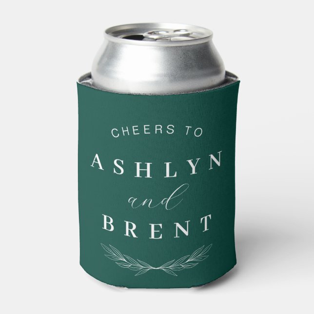 Cheers To Emerald Green Wedding Can Cooler/Koozie Can Cooler (Can Front)