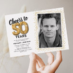 Cheers to Fifty Years 50th Birthday Photo Invitation<br><div class="desc">Elegant fiftieth birthday party invitations featuring a simple white background that can be changed to any colour,  a photo of the birthday girl / boy,  gold sparkly glitter,  fifty gold hellium balloons,  and a modern 50th birthday celebration text template that is easy to personalize.</div>