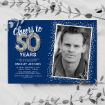 Cheers to Fifty Years 50th Birthday Photo Invitation<br><div class="desc">Elegant fiftieth birthday party invitation featuring a stylish blue background that can be changed to any colour,  a photo of the birthday girl / boy,  silver sparkly glitter,  fifty silver hellium balloons,  and a modern 50th birthday celebration text template that is easy to personalize.</div>