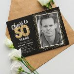 Cheers to Fifty Years 50th Birthday Photo Invitation<br><div class="desc">Celebrate the grand milestone of turning fifty with our elegant birthday party invitations. With a customizable trendy black background, a personal photo spot, and golden accents, these invitations are sure to leave a lasting impression. The gold helium balloon details add a touch of magic, while the modern 50th birthday text...</div>