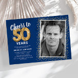 Cheers to Fifty Years 50th Birthday Photo Invitation<br><div class="desc">Elegant fiftieth birthday party invitation featuring a trendy blue background that can be changed to any colour,  a photo of the birthday girl / boy,  gold sparkly glitter,  fifty gold hellium balloons,  and a modern 50th birthday celebration text template that is easy to personalize.</div>