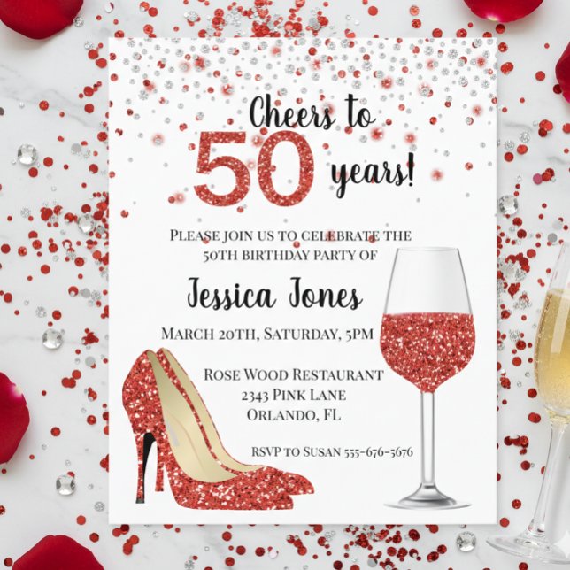 Cheers to Fifty years Red Glitter Wine Heels Invit Flyer (Creator Uploaded)