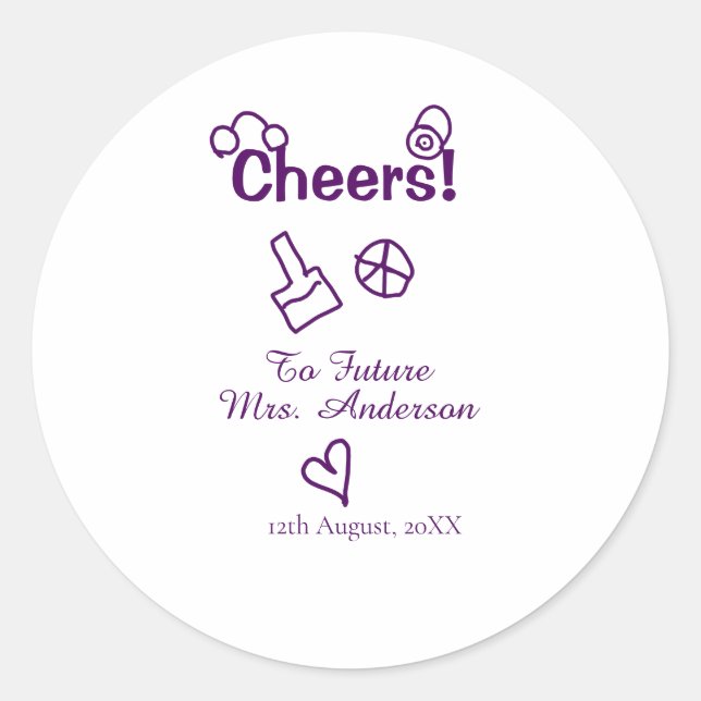 Cheers to future Mrs add bride name purple doodle Classic Round Sticker (Front)