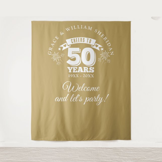 Cheers To Gold 50th Anniversary Photo Backdrop Tapestry (Front)