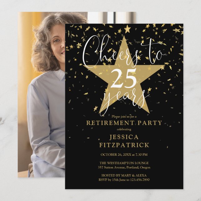 Cheers To Gold Stars Photo Retirement Party Invitation (Front/Back)