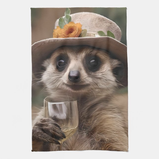 "Cheers to Life: Gran Meerkat Enjoys Glass Of Wine Kitchen Towel (Vertical)
