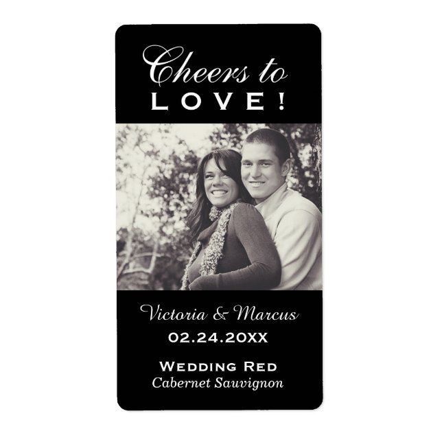 Cheers to Love Black Wedding Photo Wine Bottle (Front)