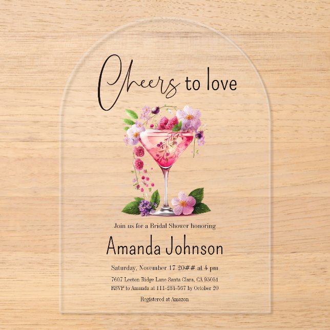 Cheers to Love Blush Pink Floral Bridal Shower Acrylic Invitations (Front)