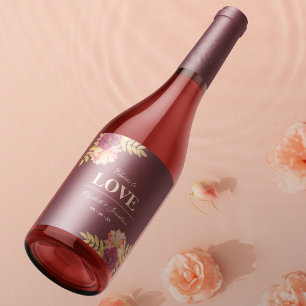 Cheers to Love Burgundy Rose Boho Elegant Wedding  Wine Label
