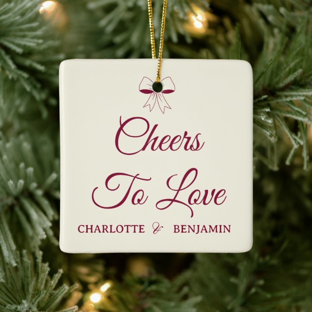 Cheers To Love Burgundy Script Ivory Bow Wedding Ceramic Ornament (Tree)