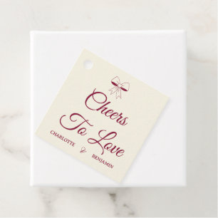 Cheers To Love Burgundy Script Ivory Bow Wedding Favour Tags