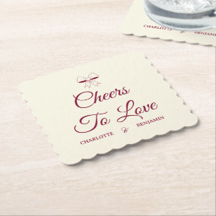 Cheers To Love Burgundy Script Ivory Bow Wedding Paper Coaster