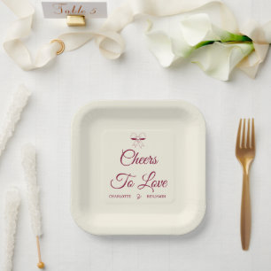 Cheers To Love Burgundy Script Ivory Bow Wedding Paper Plate