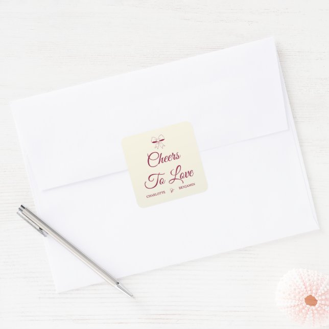 Cheers To Love Burgundy Script Ivory Bow Wedding Square Sticker (Envelope)