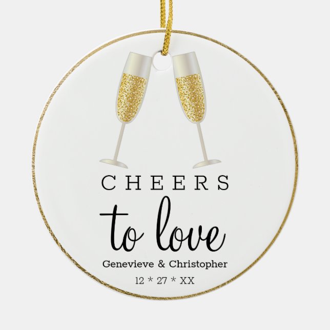 Cheers to Love Champagne | First Christmas Married Ceramic Ornament (Front)