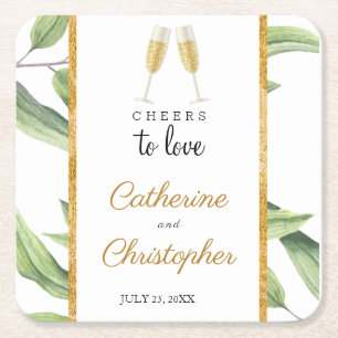 Cheers to Love Champagne Greenery Square Paper Coaster