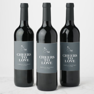 Cheers to Love Classic Monogram Blue Wedding Wine Label