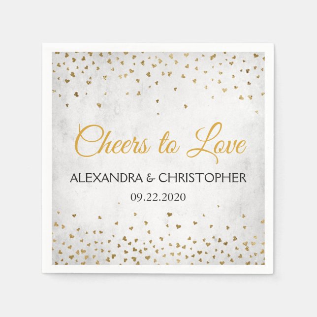 Cheers to Love Gold Hearts Confetti Wedding Napkin (Front)