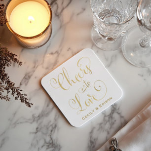 Cheers to Love Gold Script Wedding Monogram Square Paper Coaster