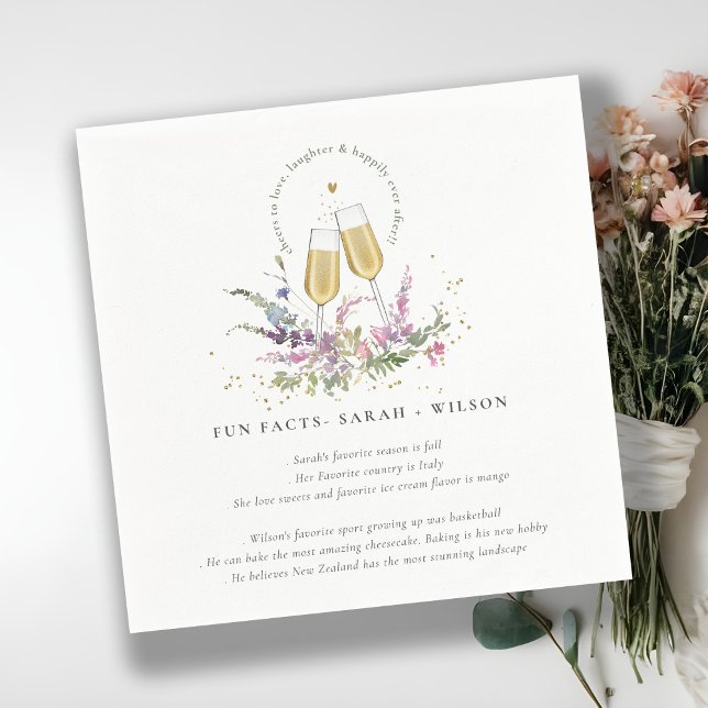 Cheers to Love Gold Wine Floral Wedding Fun Facts Napkin (Creator Uploaded)