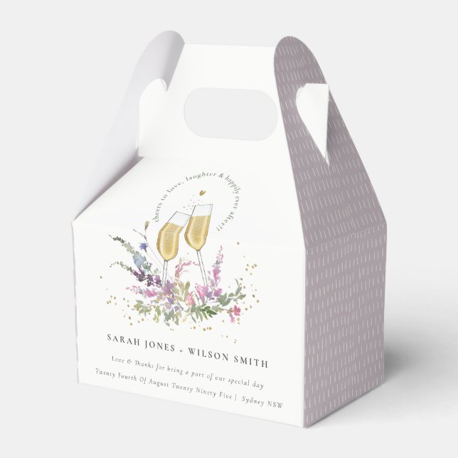 Cheers to Love Gold Wine Glasses Floral Wedding Favor Box (Front Side)