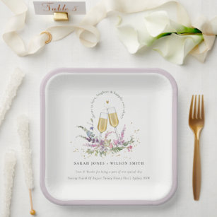 Cheers to Love Gold Wine Glasses Floral Wedding Paper Plate