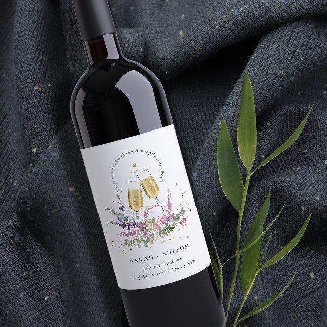 Cheers to Love Gold Wine Glasses Floral Wedding Wine Label (Creator Uploaded)