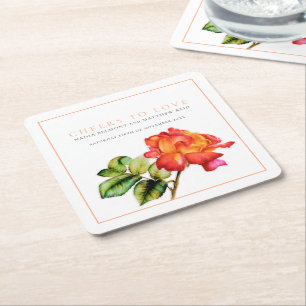 Cheers to love hybrid tea rose orange red wedding square paper coaster