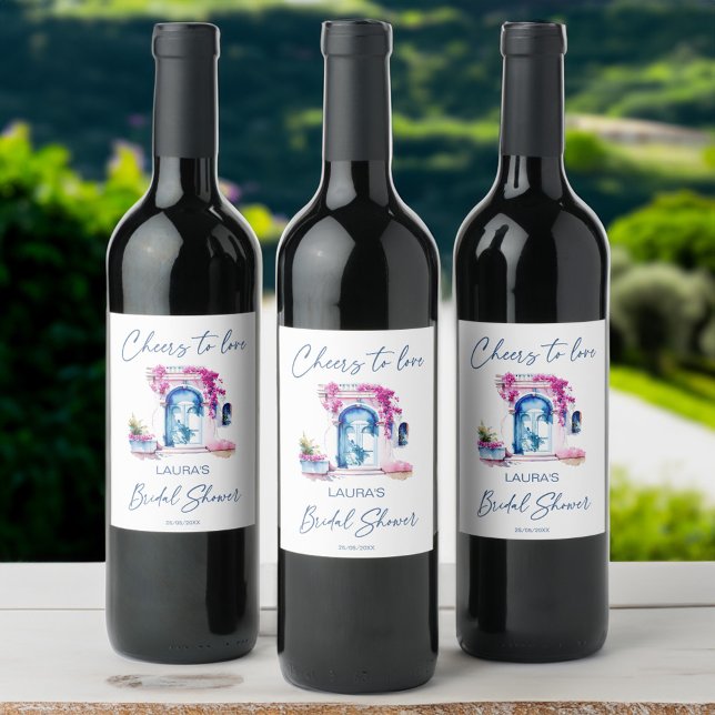 Cheers to love Mediterranean themed bridal shower Wine Label (Cheers to love Mediterranean themed bridal shower template Wine Label bridal shower favors)