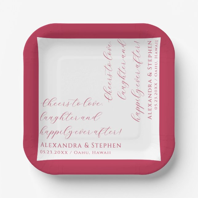 Cheers to Love Modern Chic Script Viva Magenta Paper Plate (Front)
