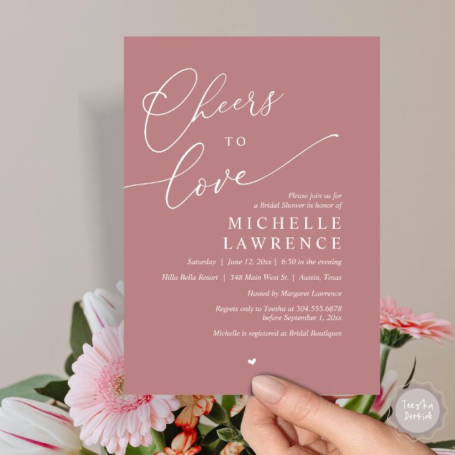 Cheers to love, Romantic Bridal Shower Party Invitation (Cheers to love, Romantic Bridal Shower Party Invitation Card, PDF, in Dusty Rose Pink)