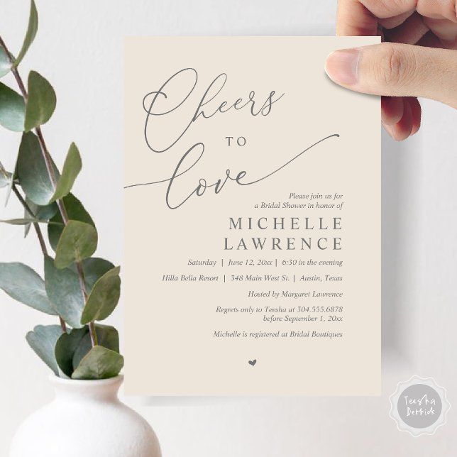 Cheers to love, Romantic Bridal Shower Party Invitation (Cheers to love, Romantic Bridal Shower Party Invitation Card, PDF, in Dark Grey Cream)