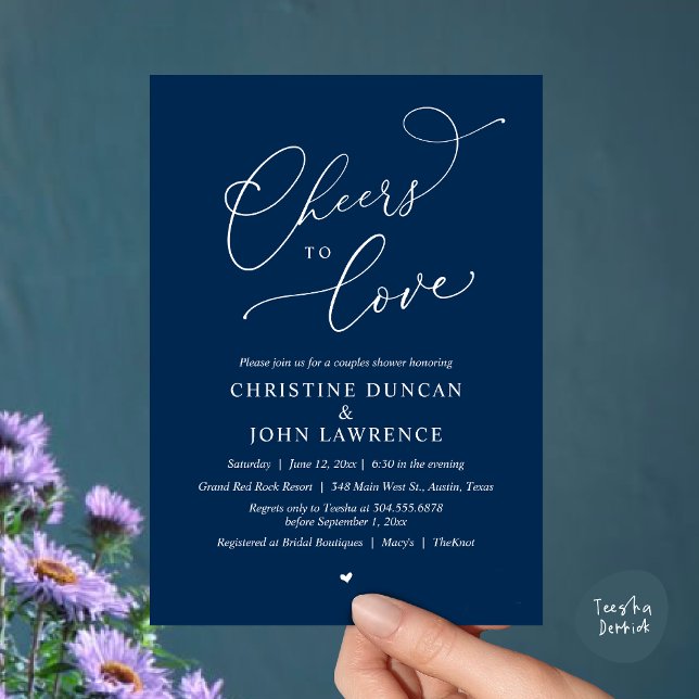Cheers to love, Romantic Couples Shower Party Invitation (Cheers to love, Romantic Couples Shower Modern Party Winery Invitation Card PDF Summer Navy Blue)