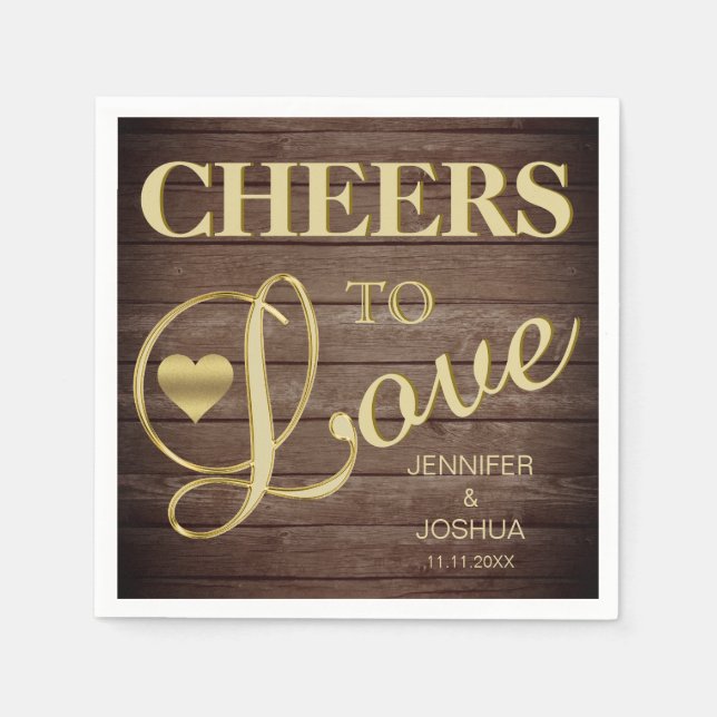 CHEERS TO LOVE Rustic Barnwood Heart Gold Wedding Napkin (Front)