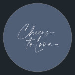 Cheers to Love Sticker – Navy Background<br><div class="desc">Celebrate love in style with this elegant "Cheers to love" sticker, featuring a deep navy background and crisp white typography. Its clean and modern design makes it perfect for sealing wedding favour boxes, gift bags, or adding a thoughtful detail to your event stationery. A simple yet meaningful touch for weddings,...</div>