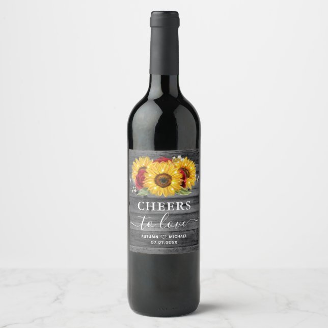 Cheers to Love Sunflower Red Rose Wedding Template Wine Label (Front)